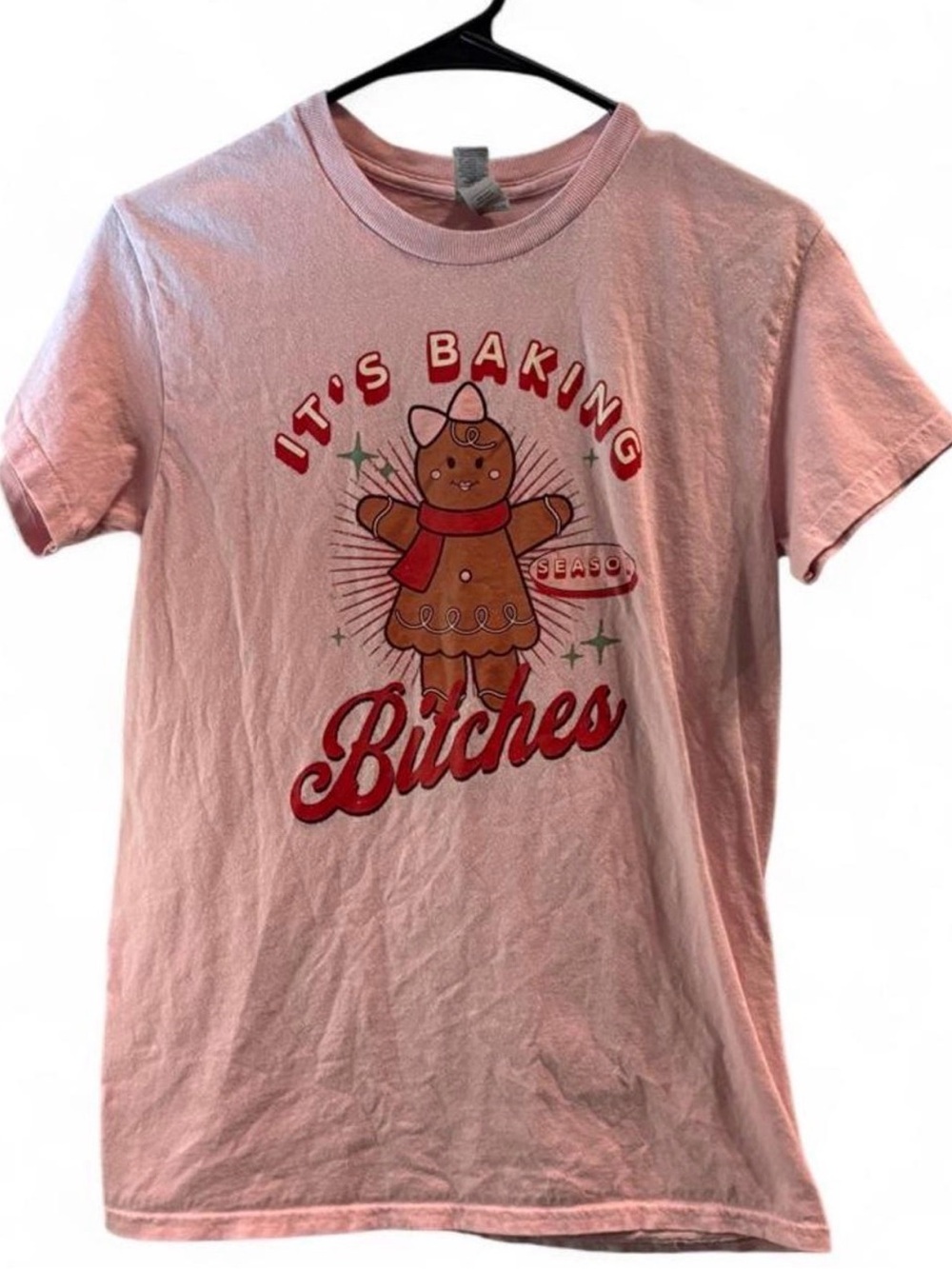 Gildan Pink Short-Sleeve Tee with Gingerbread Graphic and Red Script